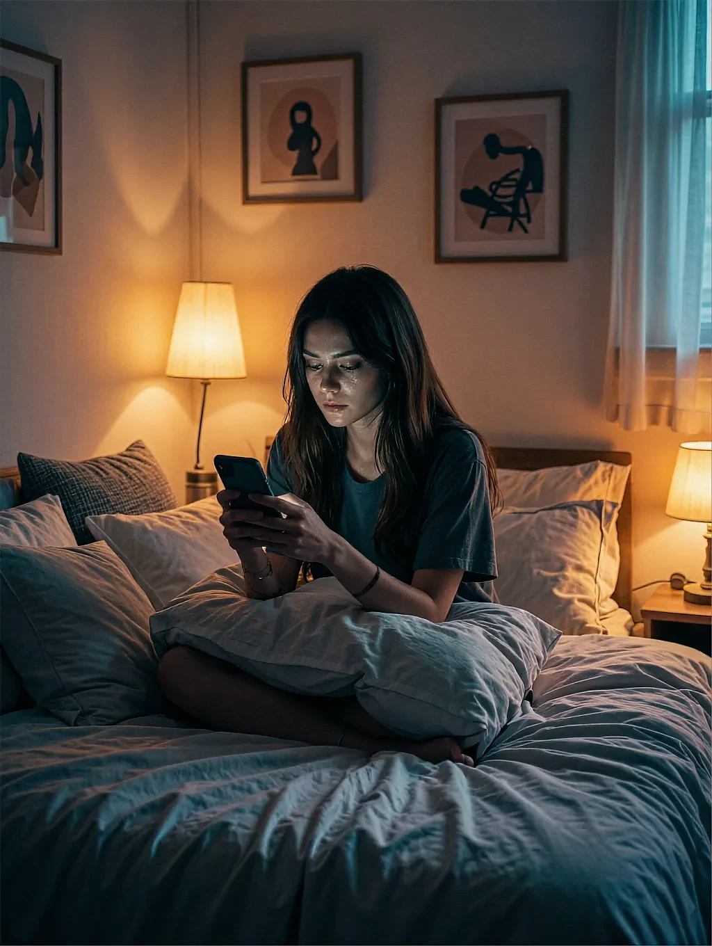 Fictional AI character featured on the fourth landing page, lit by one lamp